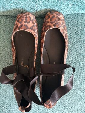 Jessica Simpson Leopard Print Ballet Flats with Ankle Ribbon - Brown